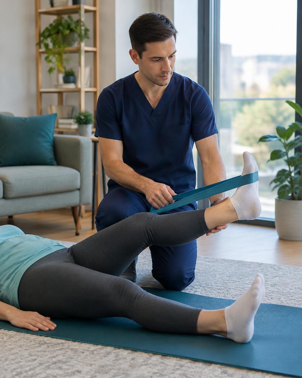 Kinetoterapeut bărbat asistând o pacientă într-un exercițiu cu bandă elastică, la domiciliu